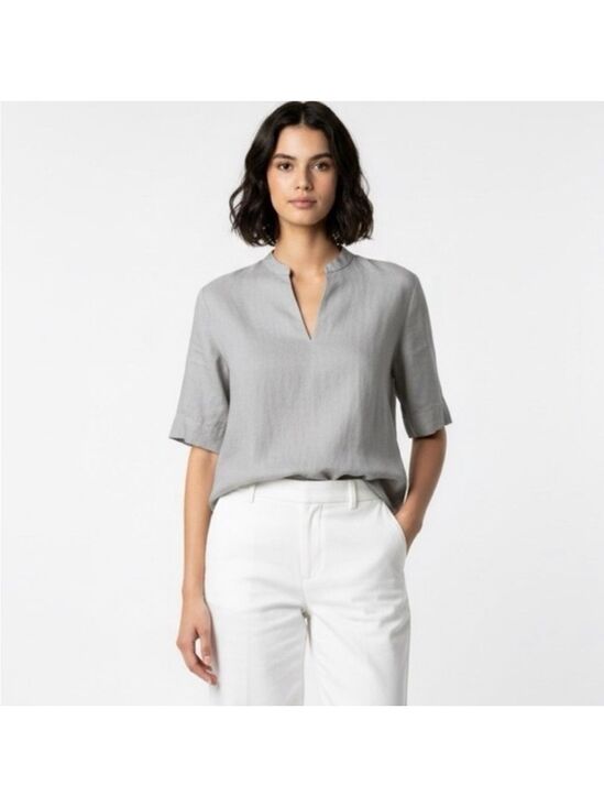 Mexx Tops - MEXX 100% Linen Beige/Grey Short Sleeve Popover Top Split Vee Neckline US Sz 6